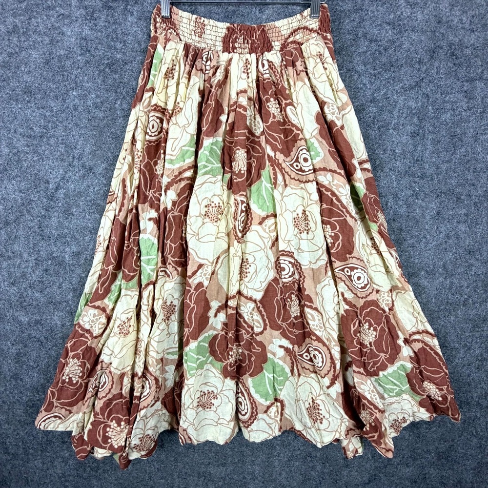 Vintage Kylie Paige Skirt Womens Large Tan Green Floral Bohemian Elastic Waist